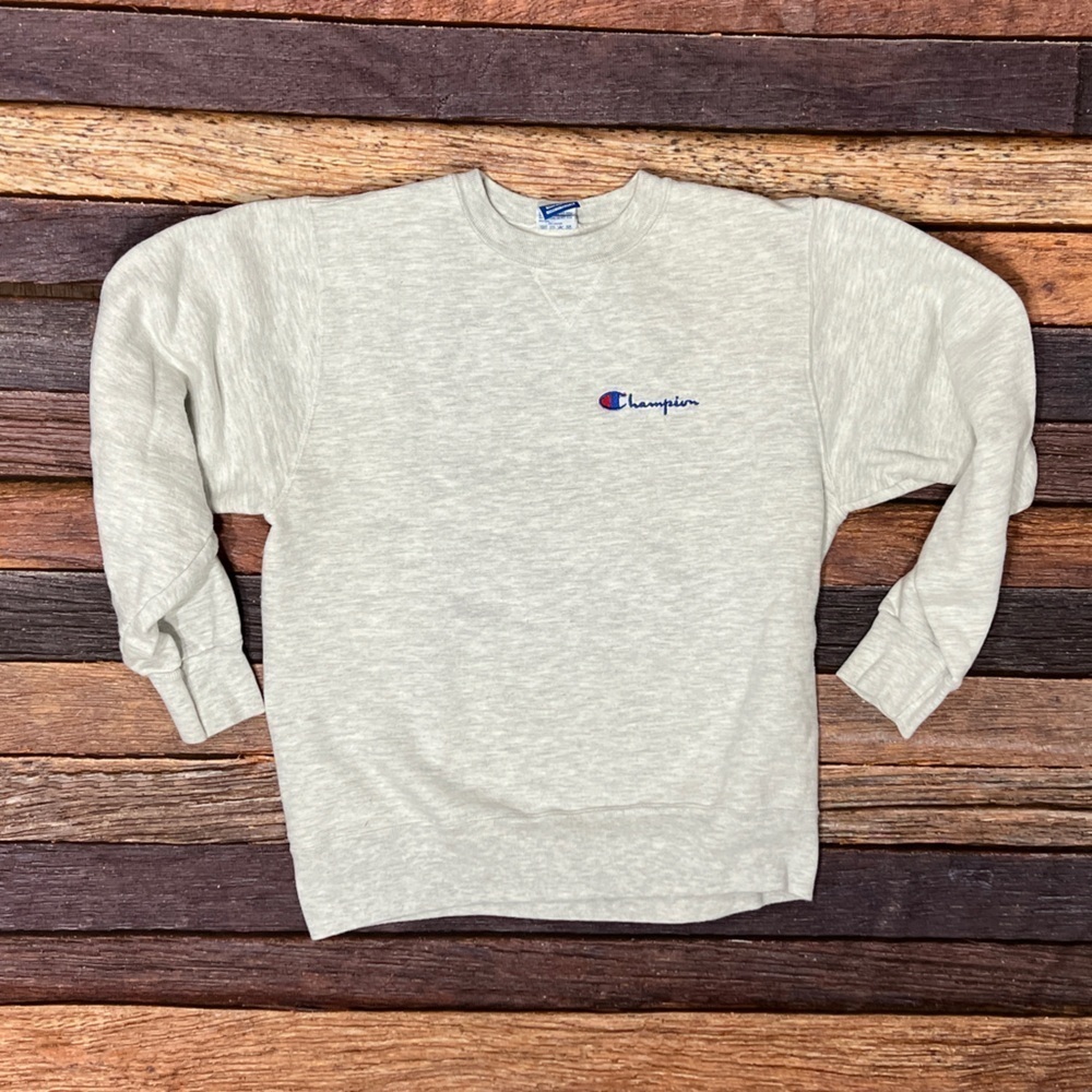 VTG Champion Gray Logo Crewneck 1990s Pullover Stitched Sweatshirt